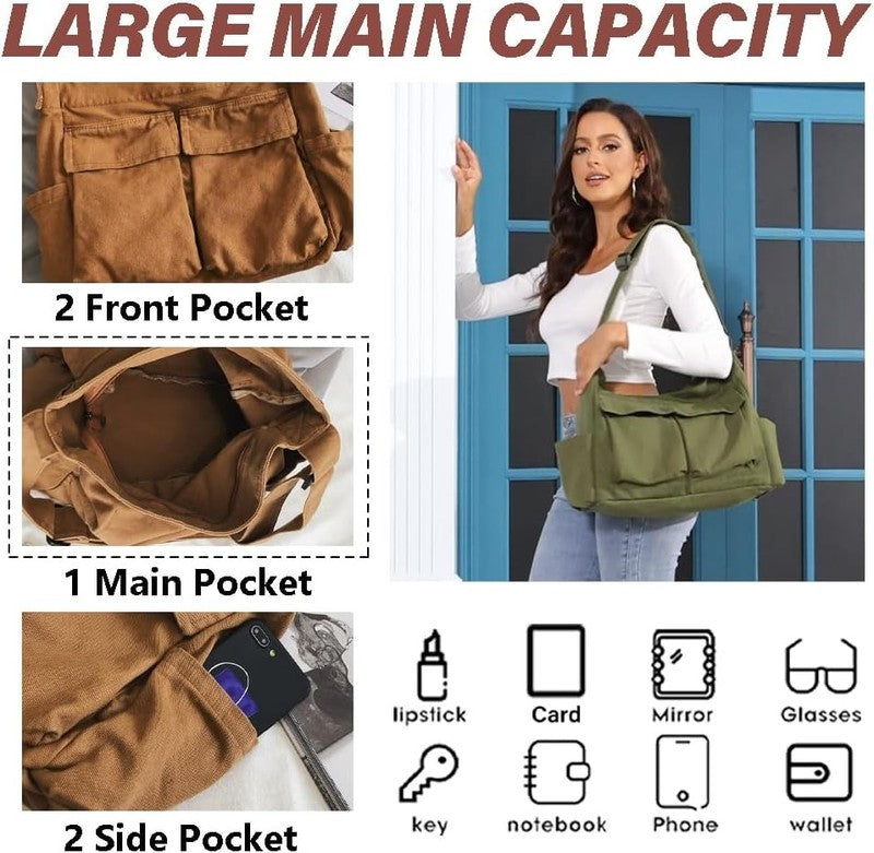 Canvas Messenger Bag Large Hobo Bag Crossbody Shoulder Bag Tote Bag with Pocket 3