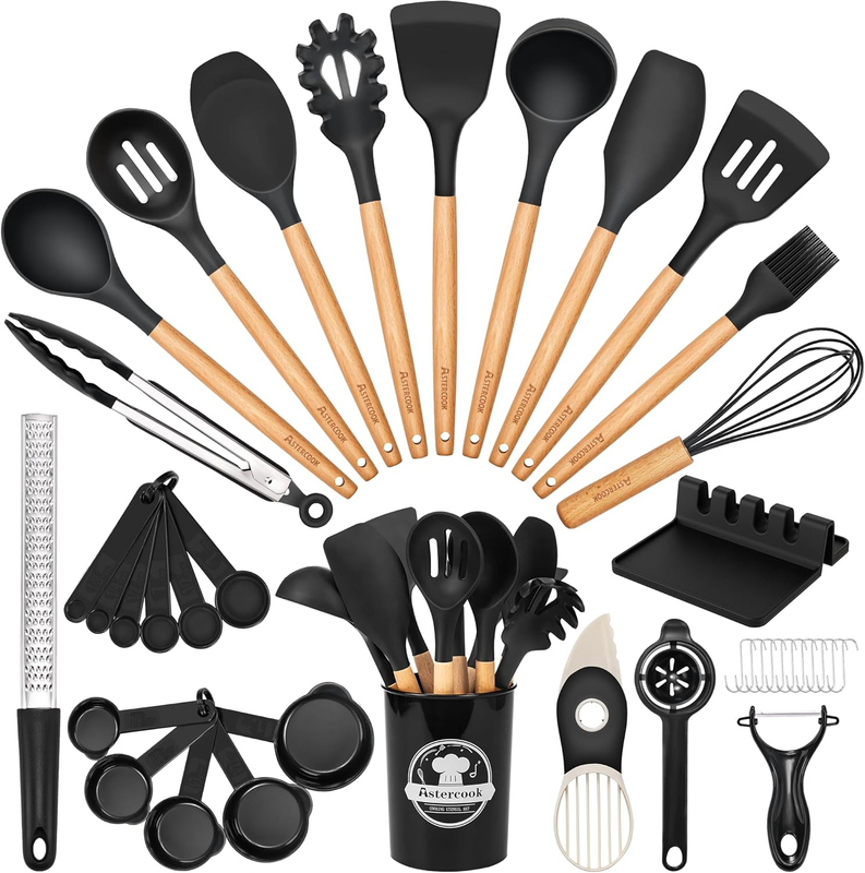 39 PCS Kitchen Utensils Set, Silicone Cooking Utensil Sets with Wooden Handle, 40