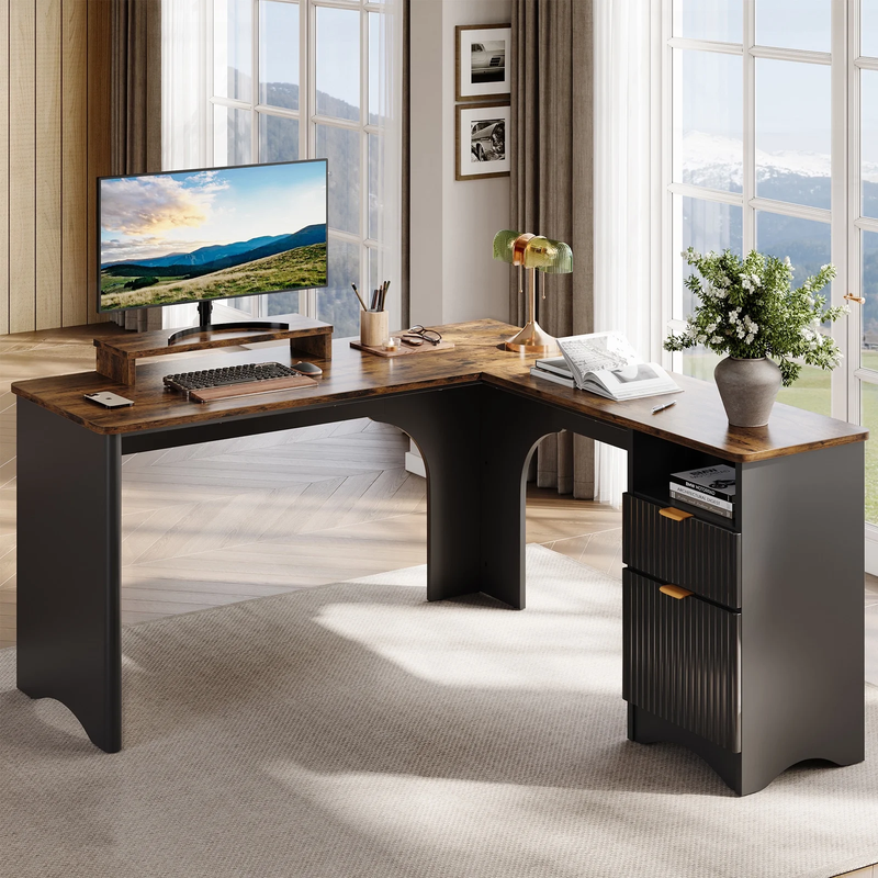 55" L-Shaped Desk with Drawers, Monitor Stand & Fluted Panels Black/Rustic0