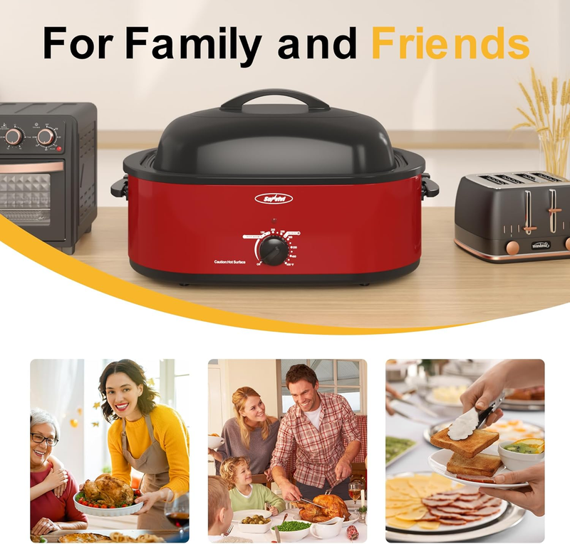 20Qt Electric Roaster Oven Stainless Steel Red Removable Pan & Rack5