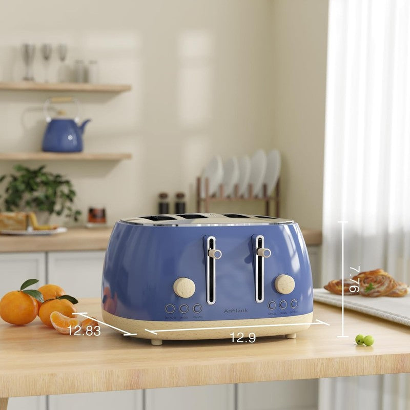 Retro 4 Slice Toaster Stainless Steel Extra Wide Slots Bagel Defrost Cancel Blue1