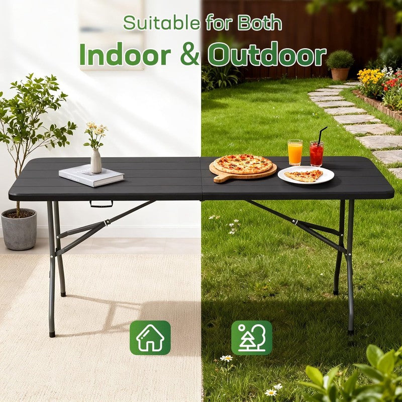 6 Foot Folding Table with Handle Heavy Duty Plastic Party Table Black Indoor Out6