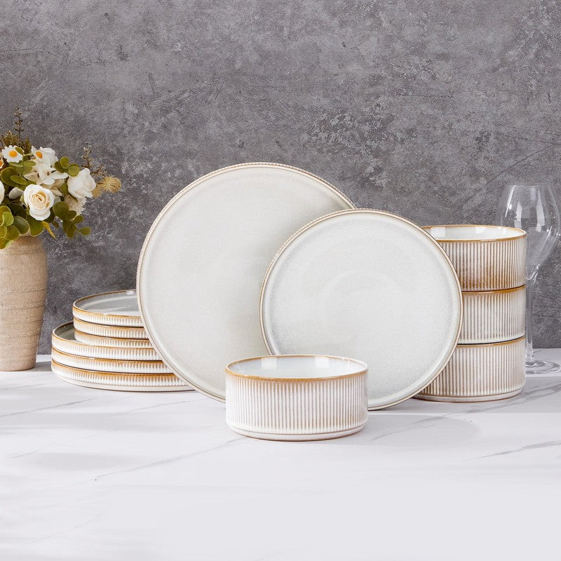Dinnerware Set for 4, 12 Piece Premium Stoneware Ribbed Dishes with Reactive Gla4