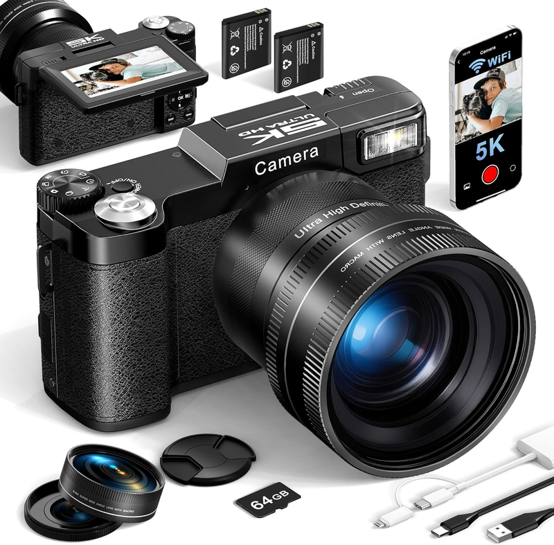 5K Digital Camera 64MP Vlogging 18X Zoom 180° Flip Screen WiFi w Lenses & 64GB10