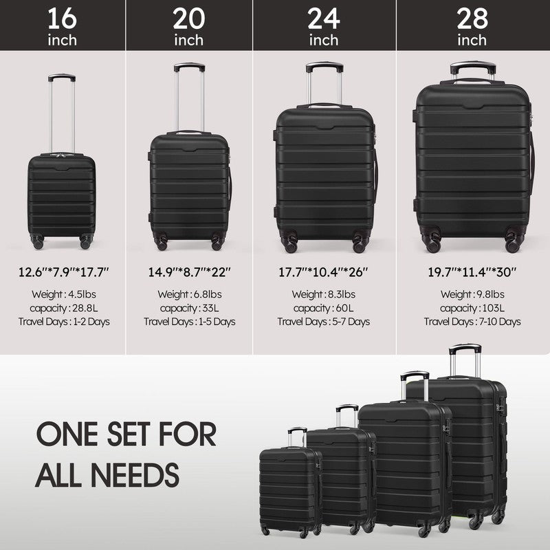 4 Piece Luggage Set Hardside Spinner Suitcase 16 20 24 28 Inch Lightweight Black6