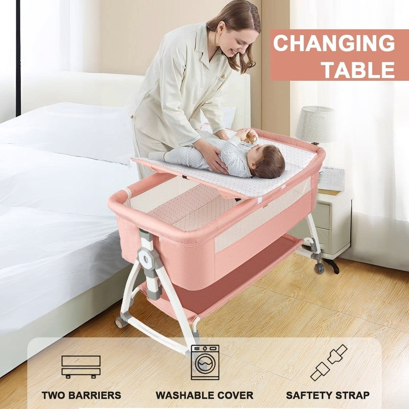 4 in 1 Baby Bassinet Pink Bedside Crib w/ Storage, Wheels & Changing Table2