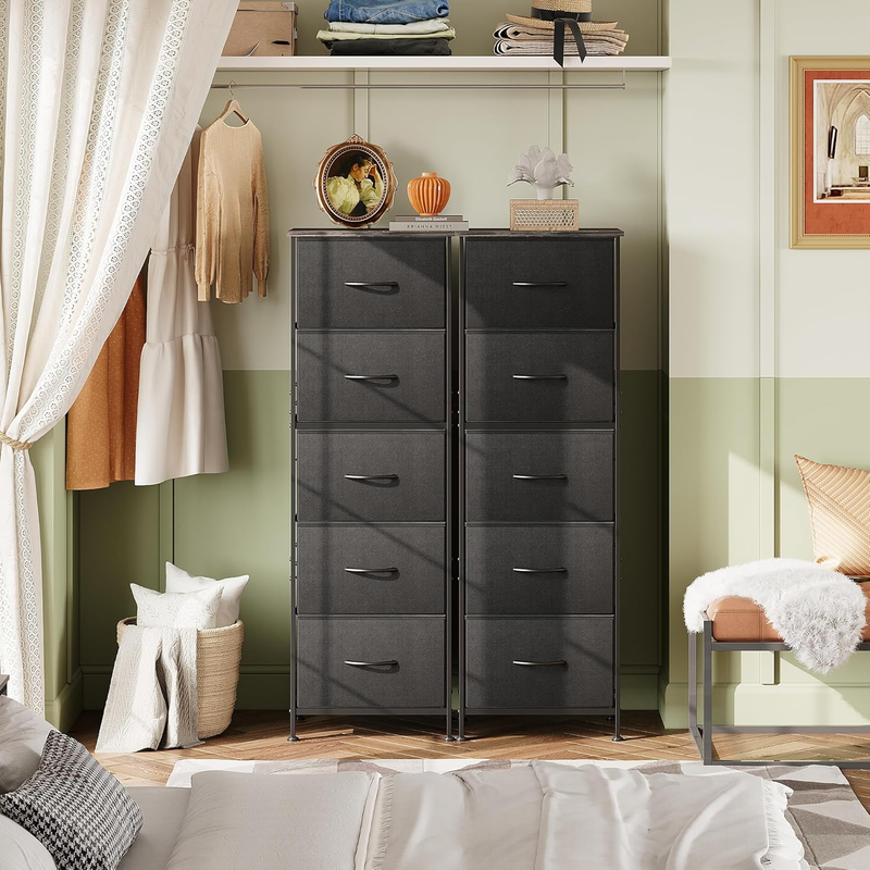 5 Drawer Fabric Dresser Storage Organizer Steel Frame Wood Top Black3