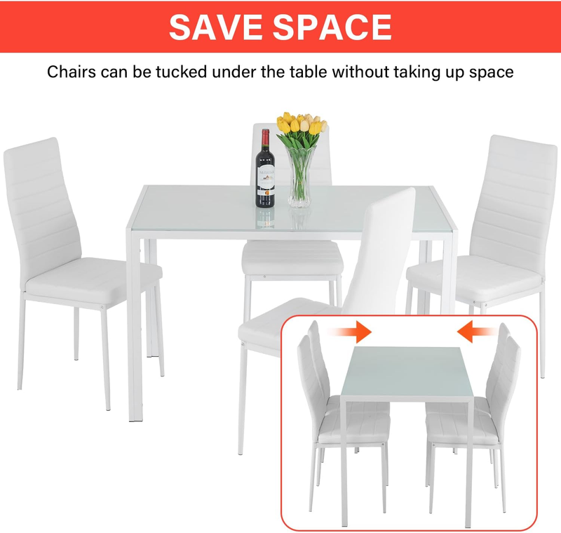 5 Piece Dining Table White Glass Table 4 Upholstered Faux Leather  Easy Assembly4