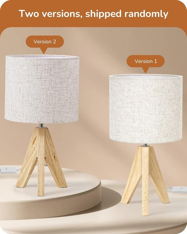 Small Table Lamp Boho Bedside Wood Tripod Linen Shade Nightstand 14.2in1