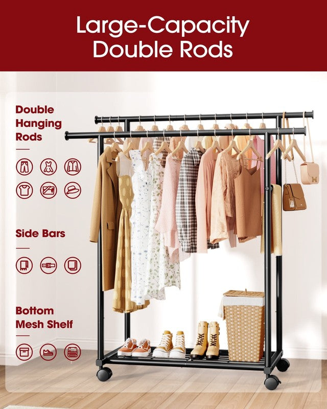 Clothes Rack with Double Hanging Rods and Bottom Shelf, Rolling Metal Garment Ra7