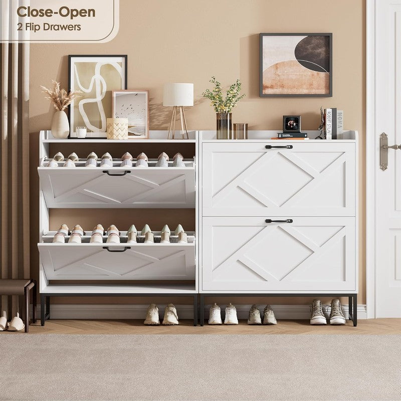 Shoe Cabinet 2 Flip Drawers Freestanding Narrow Rack Entryway Foyer White3