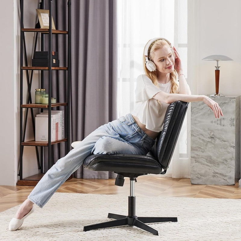 Armless Criss Cross Office Chair Wide PU Leather Swivel Black No Wheels2