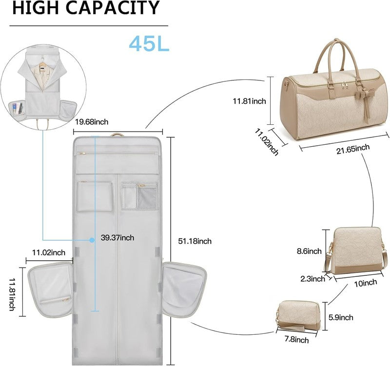 45L Garment Duffle Bag Beige Brown 3in1 Hanging Suit Travel Carry On2