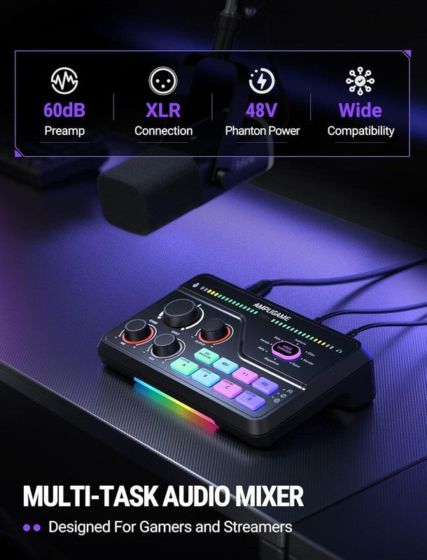 Gaming Mixer SC8 USB XLR Voice Changer RGB 7.1Ch Headphone Amp EQ Volume1