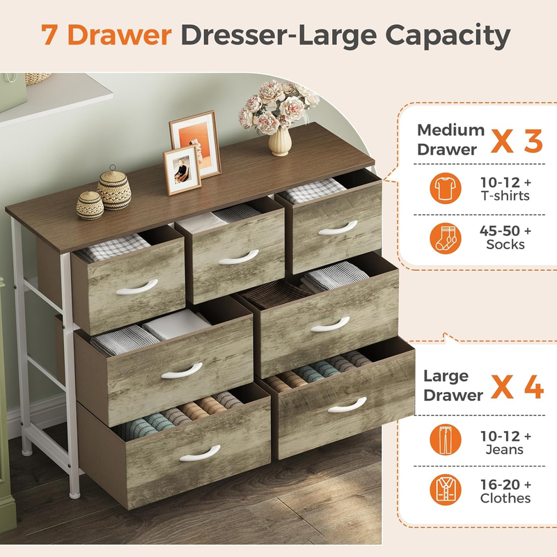 7 Drawer Fabric Dresser Storage Tower Steel Frame Wood Top Greige Oak3