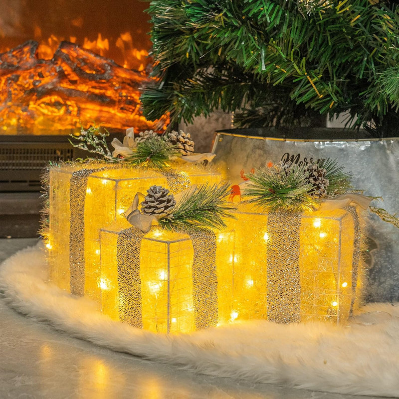 Set of 3 Christmas Lighted Gift Boxes, Plug in 60 LED Light up Tinsel Present Bo9