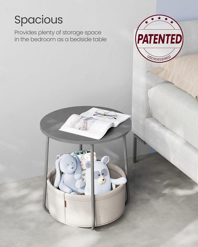 Modern Round Side Table Nightstand with Fabric Basket Cement Gray Cream3