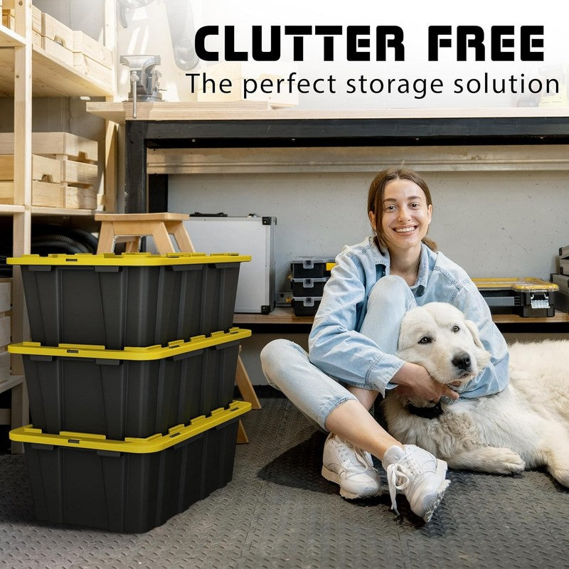 12Gal Black/Yellow Plastic Storage Bins w Lids Stackable 8 Pack Totes3