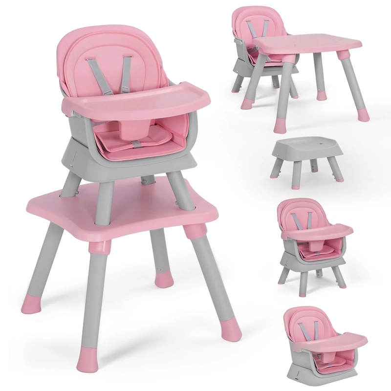 8 in 1 Baby High Chair, Toddler Dining Booster Seat for Eating, Pink Grey0