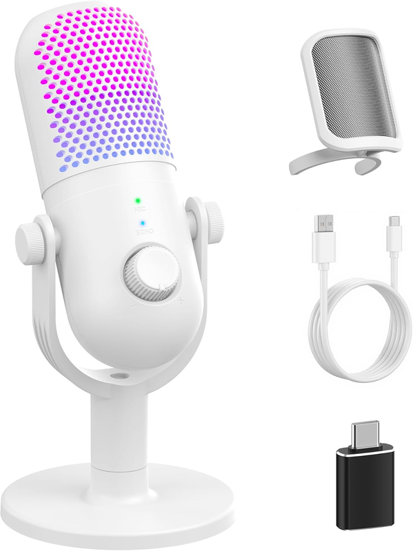 USB RGB Condenser Microphone for PC Gaming with Stand & Quick Mute White0