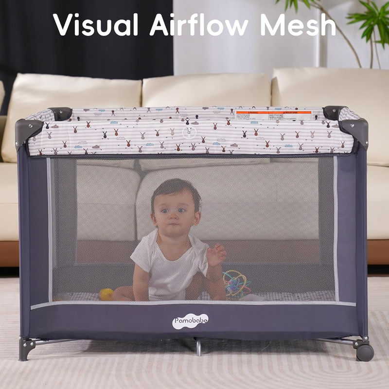 Portable Playard,Sturdy Play Yard with Padded Mat and Toy Bar with Soft Toys3