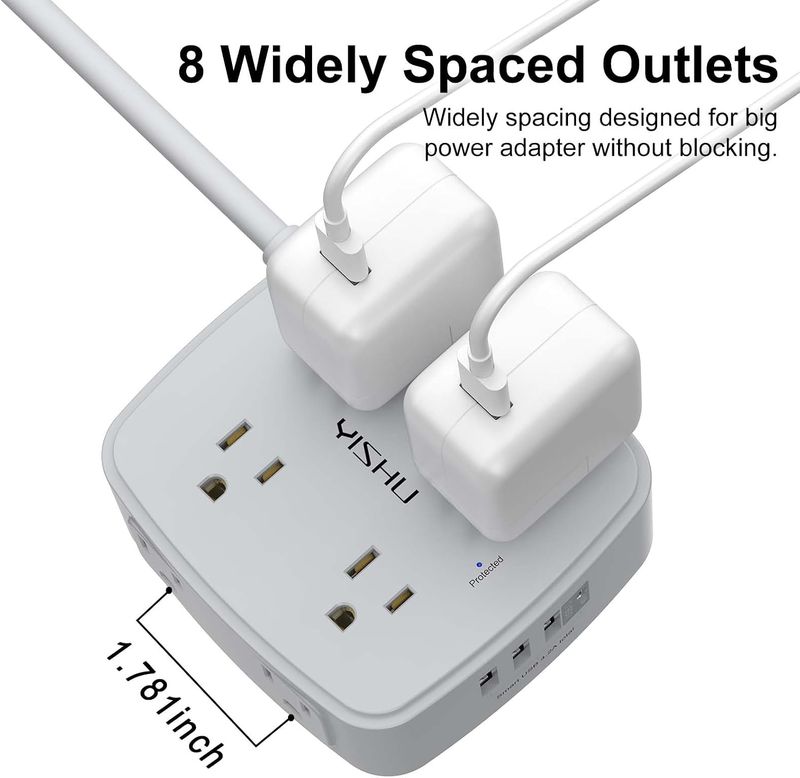 10FT Surge Protector Power Strip 8 Outlets 4 USB Flat Plug Extension Cord3