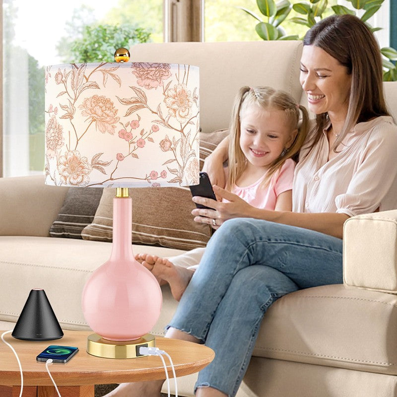 Pink Ceramic Touch Control Table Lamp with USB Ports - 24" Floral Shade3