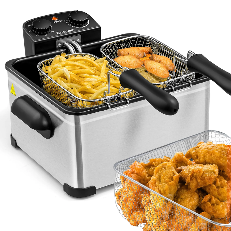 Electric Deep Fryer 5.3 Qt/21 Cup Stainless Steel 1700W with Triple Basket Silve0