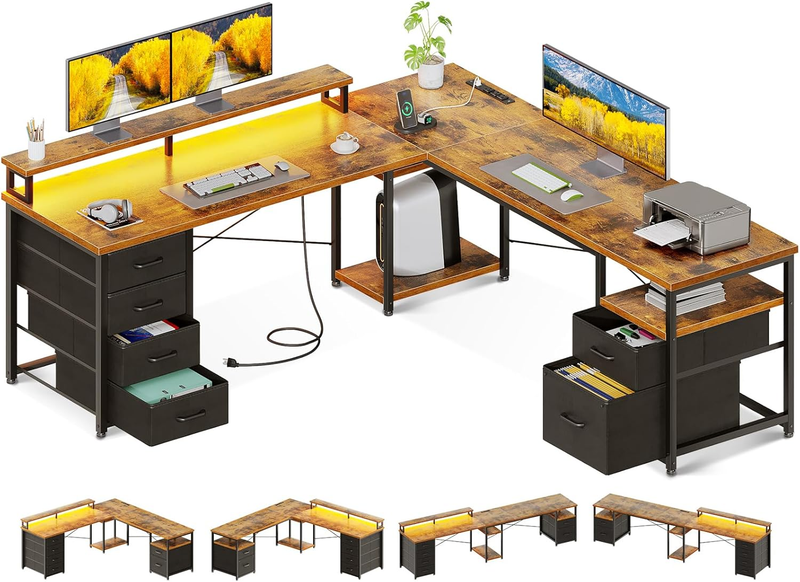 66" L Shaped Computer Desk Reversible Home Office LED Power Vintage8