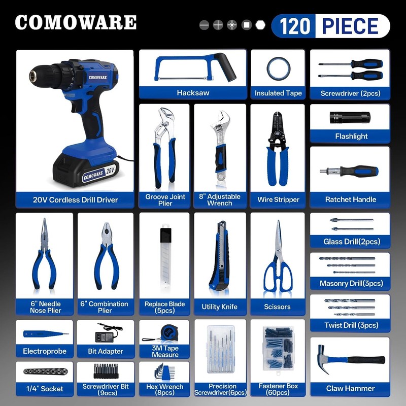 20V Cordless Drill Tool Set 120Pc Hand Tools Home DIY Office Garden Toolbox1