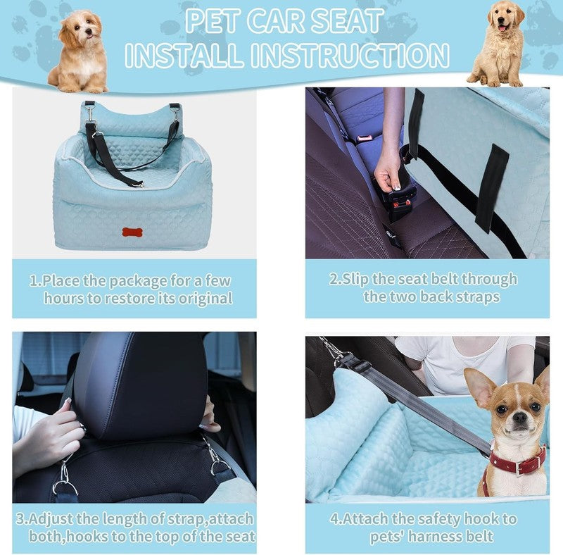 Dog Car Seat Memory Foam Small Dogs up to 25lbs w/ Pockets & Seat Belt Blue4