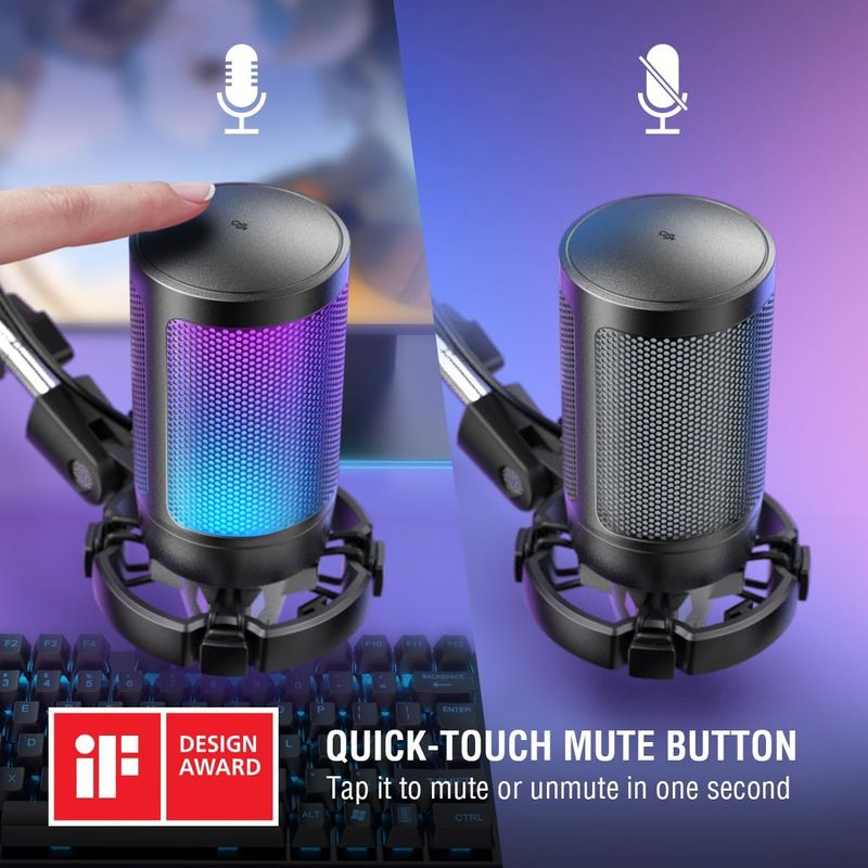 Gaming PC USB Microphone, Podcast Condenser Mic with Boom Arm, Pop Filter, Mute 3