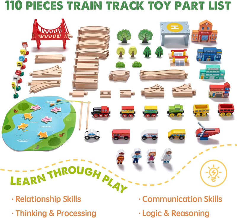 110 Pc Wooden Train Set w/ Tracks Railway Toy for Kids Ages 3 7 Compatible2