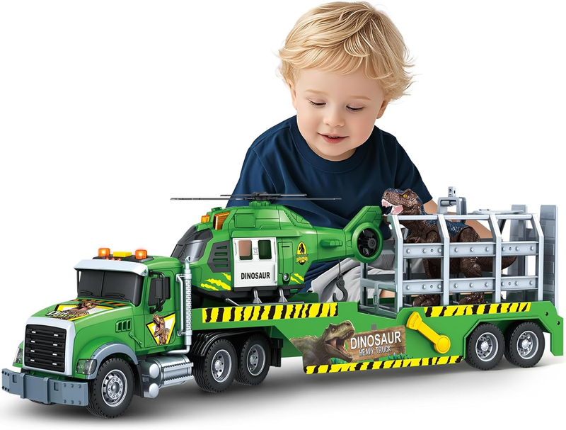 Carrier Dino Truck Kids Toys, 24“ Semi Truck Toy with Helicopter & Dino Toy with0