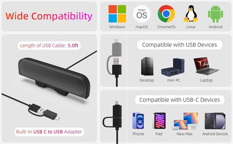 USB Computer Speaker for PC Monitor Loud Sound Bass Clamp with USB C Adapter4