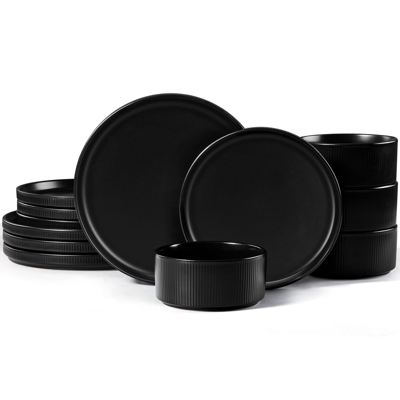 Dinnerware Set for 4, 12 Piece Premium Stoneware Ribbed Dishes, Chip & Scratch R0