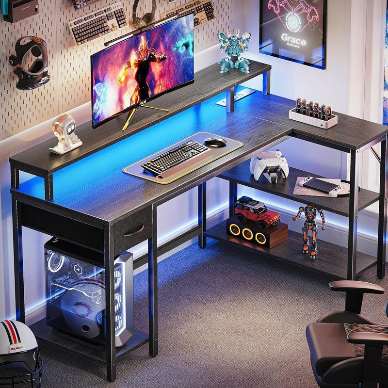 53'' Reversible L Shaped Desk LED Lights Power Outlets Gaming Grey1