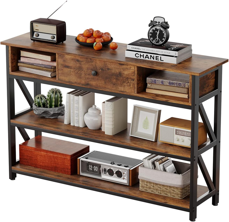 47'' Console Table Rustic Brown Industrial Entryway Sofa Table Drawer Shelves0