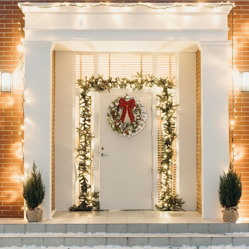 24" Pre-Lit Snowy Flocked Christmas Wreath 30 LED Red Berries Pinecones Bow5