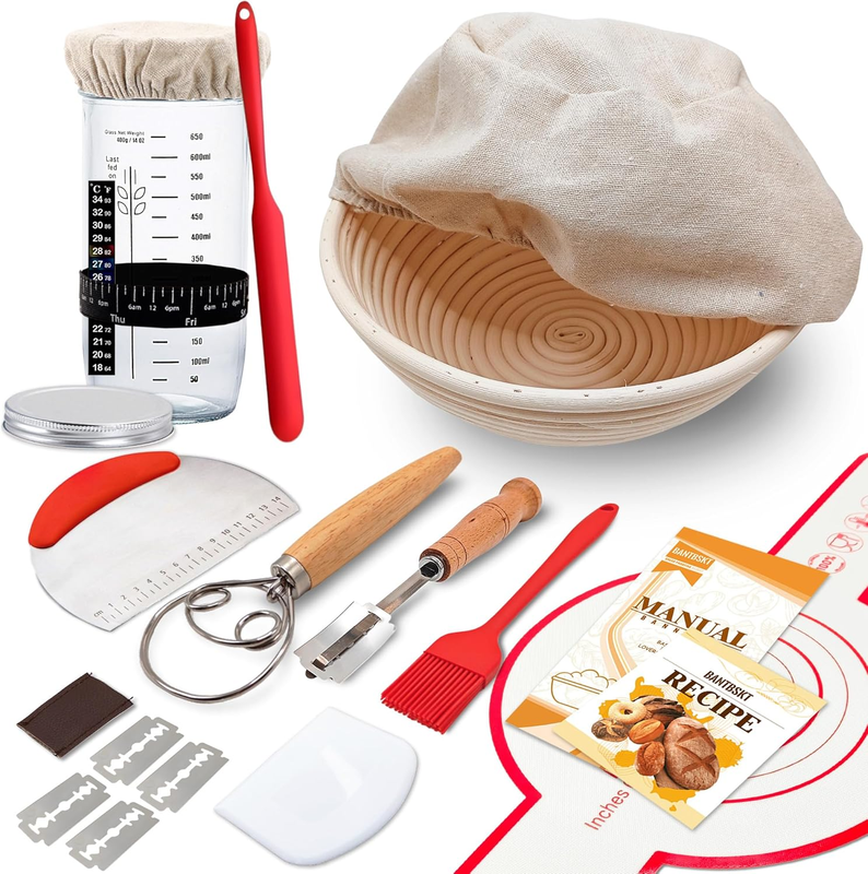 Complete Sourdough Starter Kit w/ 9" Banneton Basket & Glass Starter Jar10