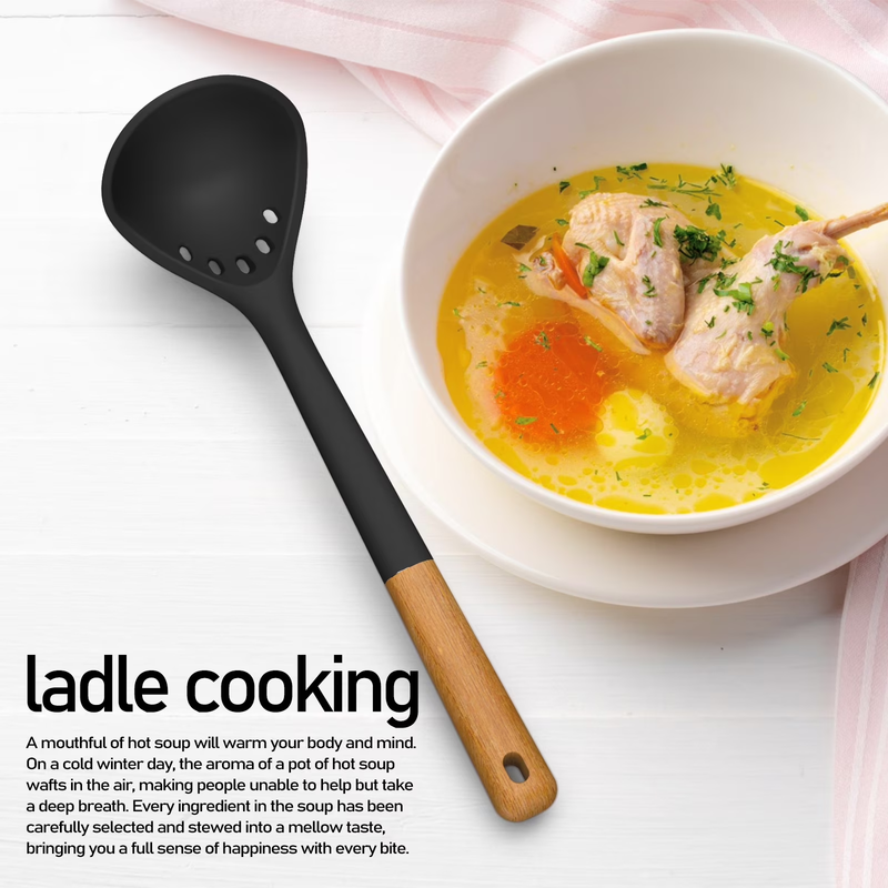 Large Silicone Kitchen Utensil Set Wooden Handle Heat Resistant Black9