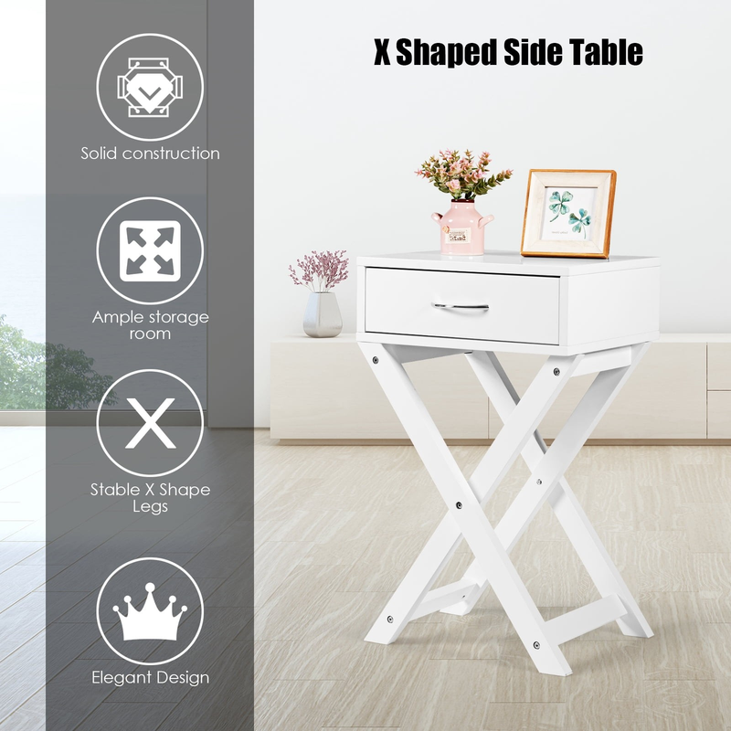 Modern Versatile Nightstand X-Shape Wooden Table with Drawer for Bedroom White4