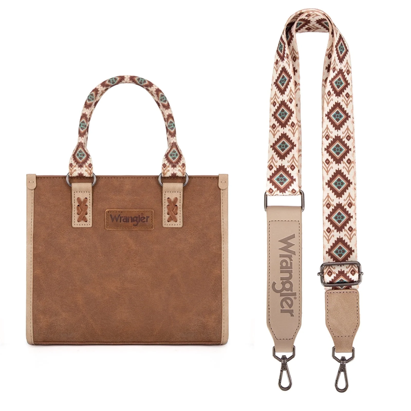 Wrangler Tote Bag Women Western Retro Top Handle Aztec Strap Handbag Brown9
