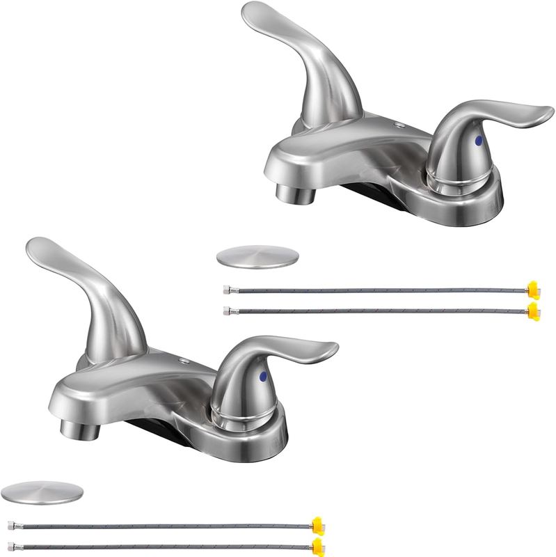 2 Pack Brushed Nickel Bathroom Sink Faucet 4" Dual Handle w/ Drain Hoses10