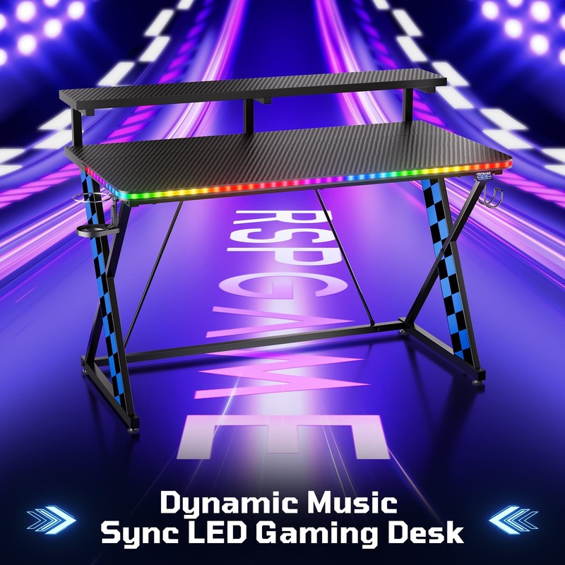 43" X-Shaped Gaming Desk with Music Sync LED, Monitor Stand Black Racing6