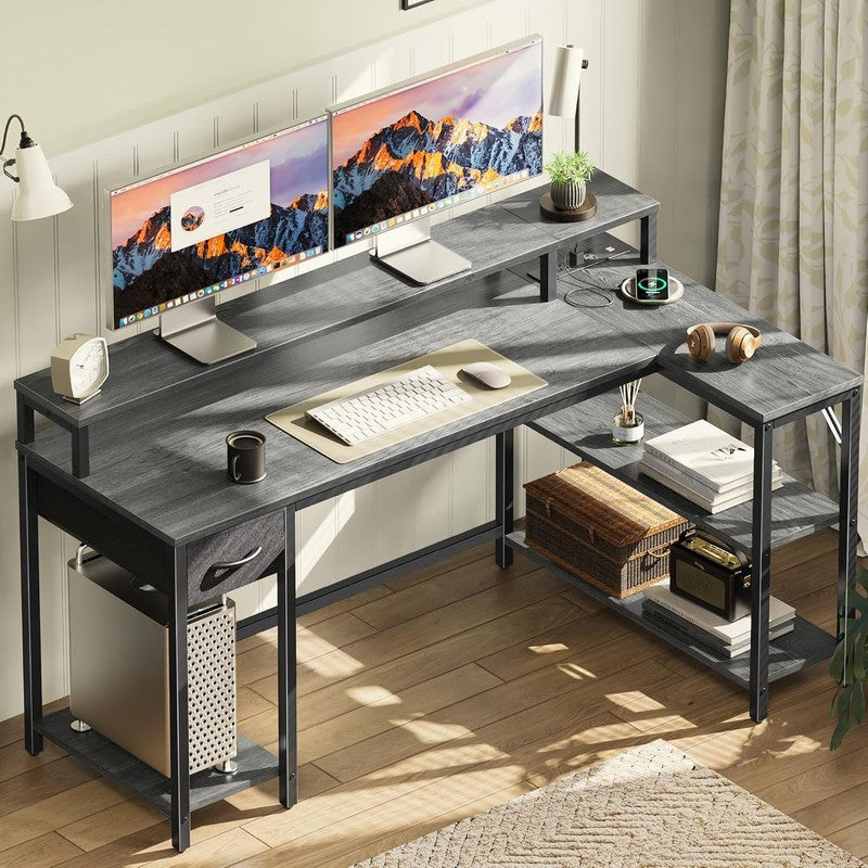 53'' Reversible L Shaped Desk LED Lights Power Outlets Gaming Grey8