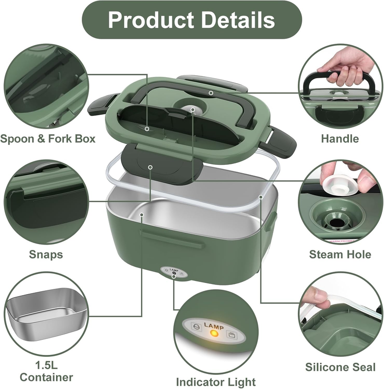 Electric Heated Lunch Box 80W Portable Food Warmer 1.5L 110V/12V/24V Stainless4
