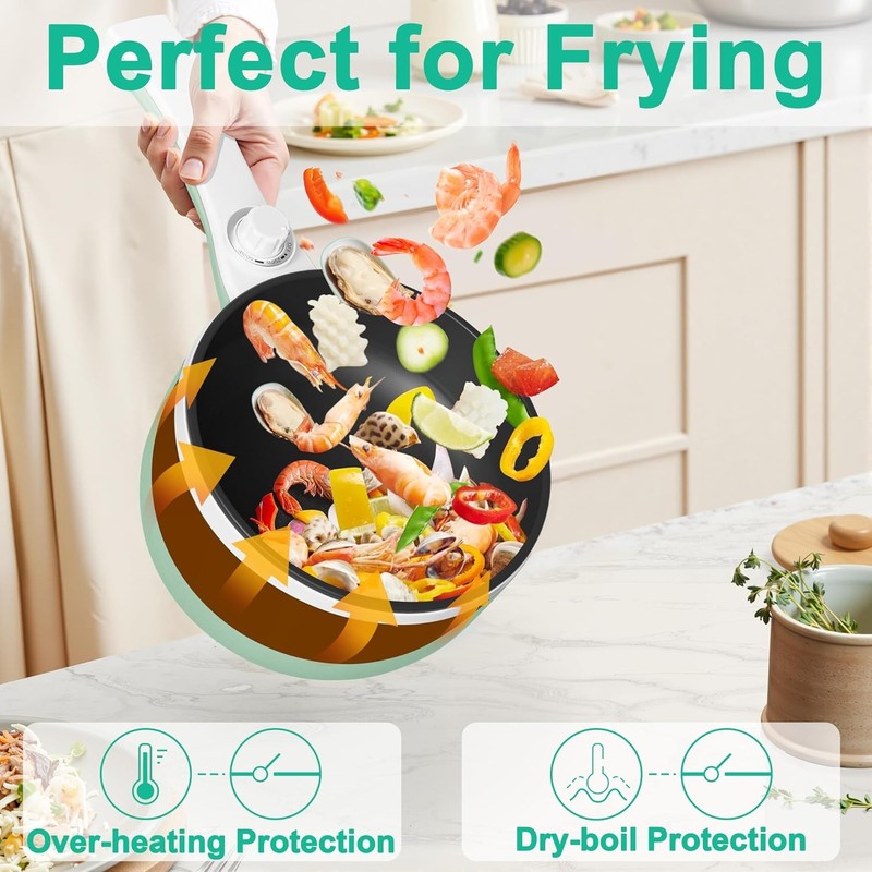 Electric Hot Pot 1.5L Mini Non Stick Sauté Pan Adjustable Power Portable Green3