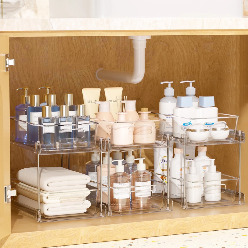 3 Pack Bathroom Plastic Storage Organizer, 2 Tier Clear under Sink Organizers Va0