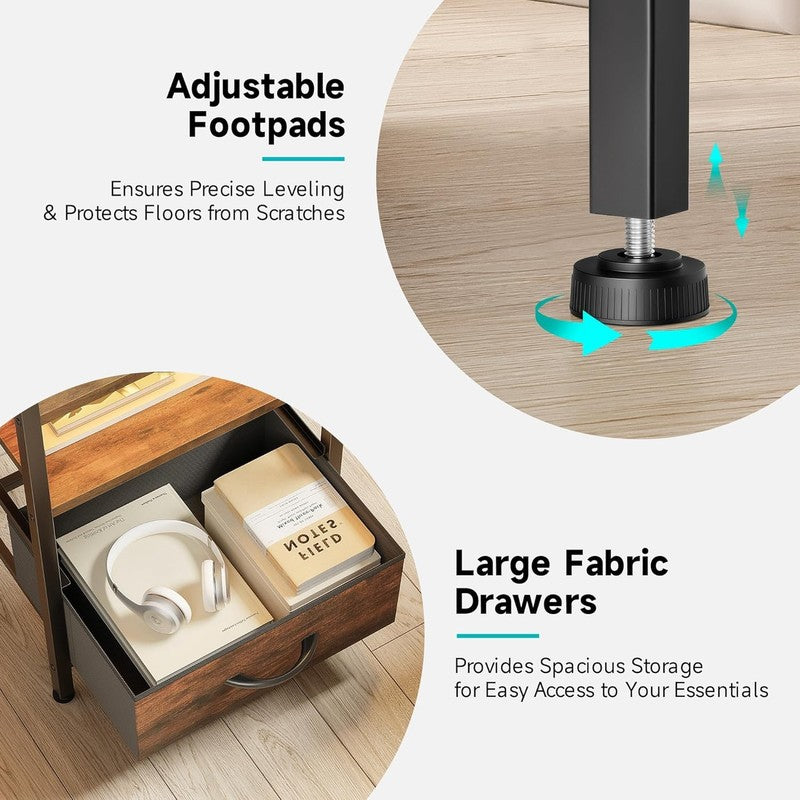 Nightstand w/ Charging Station LED Light 2 Fabric Drawers USB & AC Outlets Brown5